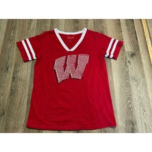 E5 University of Wisconsin Badgers Rhinestone V-Neck T-Shirt Red Womens Large